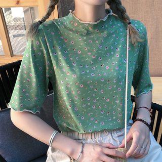 Floral Print Short-sleeve Lettuce Edge T-shirt