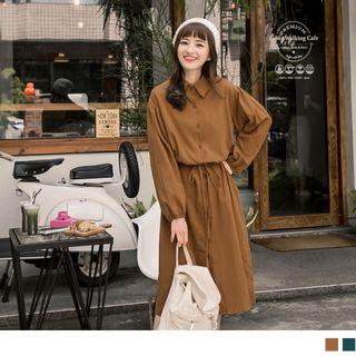 Drawstring Waist Puff Sleeve Shirtdress