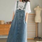 Washed Denim Midi A-line Overall Dress Blue - One Size
