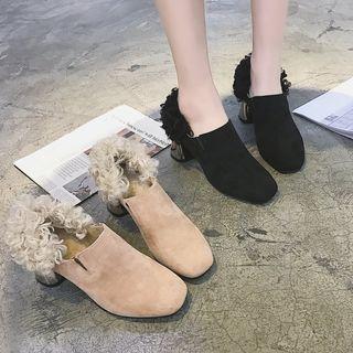 Furry Trim Chunky Heel Pumps