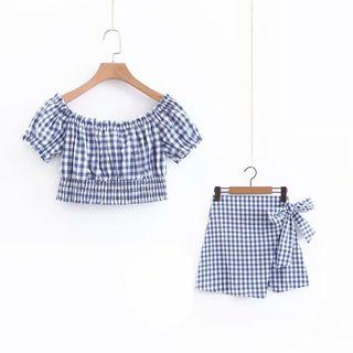 Set: Plaid Short-sleeve Top + Mini A-line Skirt