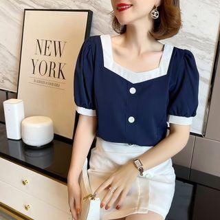 Puff-sleeve Contrast Trim Chiffon Blouse