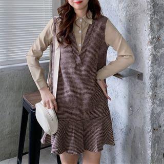 Long-sleeve Mock Two-piece Mini A-line Dress Plaid - Brown - One Size