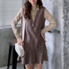 Long-sleeve Mock Two-piece Mini A-line Dress Plaid - Brown - One Size