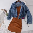 Set: Cropped Denim Jacket + V-neck Knit Cami Dress