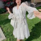 V-neck Bell-sleeve Lace Up Ruffle Trim Chiffon Midi Dress White - One Size