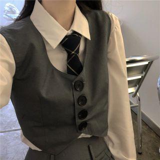 Button-up Vest / Pleated Skirt / Tie / Set