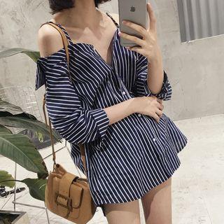 3/4-sleeve Cold Shoulder Striped Buttoned Top
