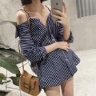 3/4-sleeve Cold Shoulder Striped Buttoned Top