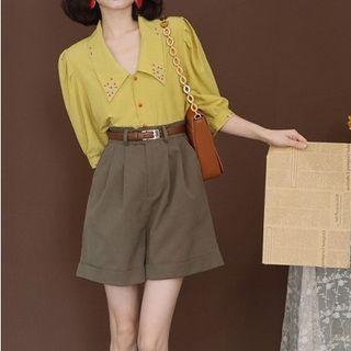 Set: Puff Sleeve Embellished Shirt + High Waist Plain Shorts