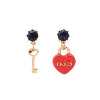 Fashion And Romantic Plated Gold Enamel Heart-shaped Key Stud Earrings With Cubic Zirconia Golden - One Size