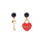 Fashion And Romantic Plated Gold Enamel Heart-shaped Key Stud Earrings With Cubic Zirconia Golden - One Size