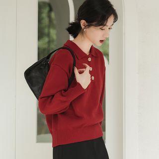 Plain Polo Sweater Wine Red - One Size