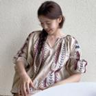 Balloon-sleeve Embroidered Trim Blouse Almond - One Size