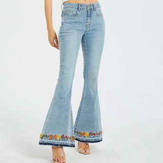 Flower Embroidered Washed Bell Bottom Jeans