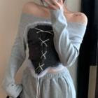 Long-sleeve Off-shoulder Lace Up T-shirt Gray - One Size