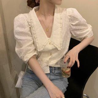 Elbow-sleeve Lace Trim Button-up Blouse Almond - One Size