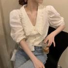 Elbow-sleeve Lace Trim Button-up Blouse Almond - One Size