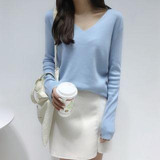 V-neck Knit Top Blue - S