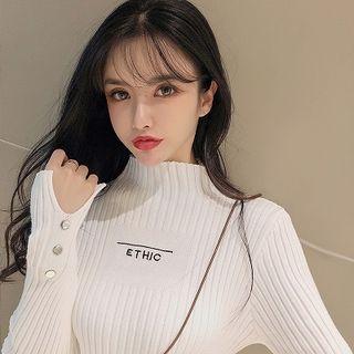 Print Mock-neck Long-sleeve Rib Knit Top