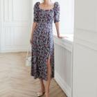 Floral Square-neck Slit Midi A-line Dress