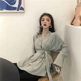 Long-sleeve Tie-waist Shirt Green - One Size
