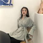 Long-sleeve Tie-waist Shirt Green - One Size