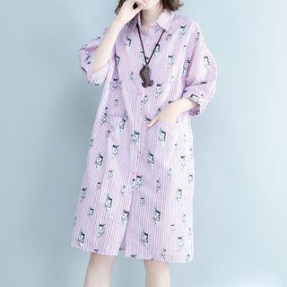 Cat Print Striped Elbow Sleeve Shirt Dress