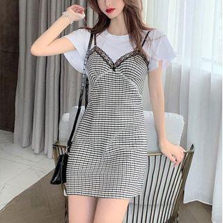 Mock Two-piece Plaid Short-sleeve Mini A-line Dress Dress - Plaid - One Size