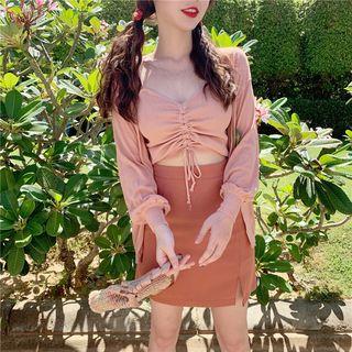 Drawstring Cropped Camisole Top / Mini A-line Skirt / Open Front Cardigan