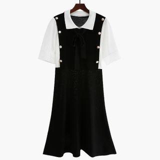 Polo Short-sleeve Color Block Knit Dress Black - M