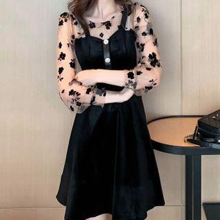 Long-sleeve Mock Two-piece Flower Print Dress