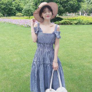 Gingham Cold-shoulder A-line Midi Sundress