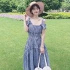 Gingham Cold-shoulder A-line Midi Sundress