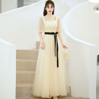 Square Neck Mesh A-line Evening Gown