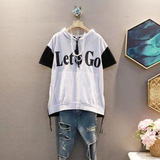 Short-sleeve Hooded Color Block Lettering T-shirt