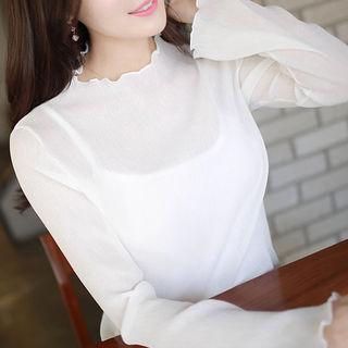 Frilled Mock-neck Long-sleeve Chiffon Top