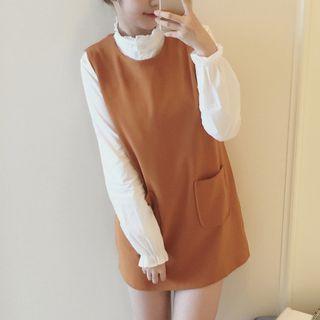 Set : Frill Trim Long-sleeve Blouse + Sleeveless Dress