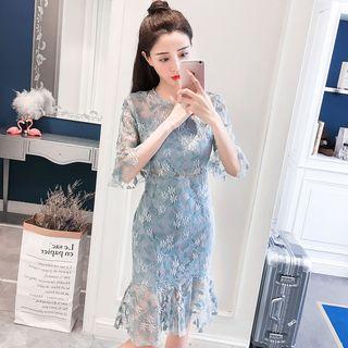 Floral Print Bell-sleeve Lace Dress