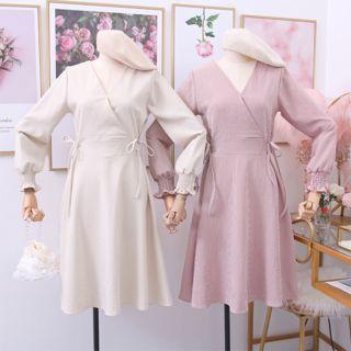 Drawstring-waist Checker V-neck Dress
