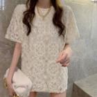 Short-sleeve Round Neck Flower Lace Loose Fit T-shirt