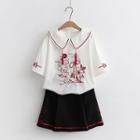 Set: Short-sleeve Embroidered T-shirt + A-line Skirt