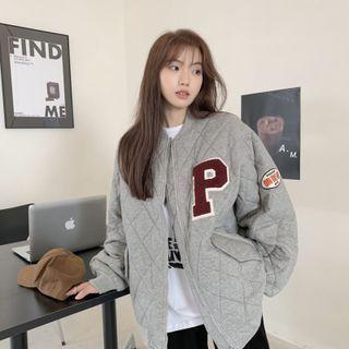 Letter Embroidered Quilted Zip Jacket Gray - One Size