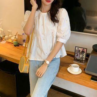 Floral Embroidered Puff-sleeve Blouse Green - One Size