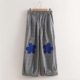 Flower Applique Plaid Wide-leg Pants As Shown In Figure - One Size