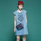 Short-sleeve Notched-neck Embroidered Denim Dress Blue - One Size