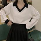 V-neck Lapel Contrast Trim Loose Fit Sweatshirt White - One Size