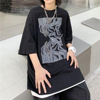 Short Sleeve Lettering Star Printed Oversized T-shirt