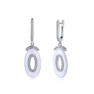925 Sterling Silver Fashion Geometric Oval White Ceramic Earrings With Austrian Element Crystal Silver - One Size