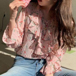 Floral Print Ruffled Chiffon Blouse Pink - One Size